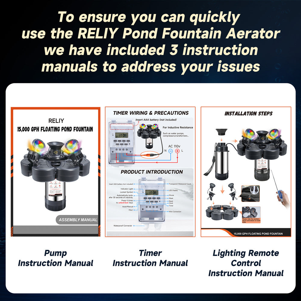 RELIY Pond Fountain, With 4 RGB Lights 1HP 110V 15000 GPH Stainless Steel Fountain Pump, Fully Automatic Powerful Lake Floating Fountain, 100 FT Power Cord, Programmable Timer Switch