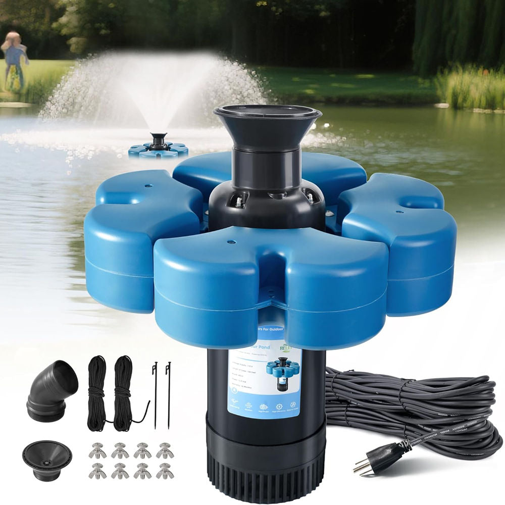 RELIY Pond Fountain , 1HP 110V 15000 GPH Fountain Pump, Fully Automatic Powerful Lake Floating Fountain, 100 FT Power Cord, 2x100 FT Traction Rope, for Small & Large Ponds & Lakes