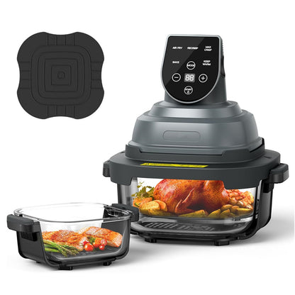 5-in-1 Portable Glass Air Fryer,  1500W Power, 90% Oil Reduction, Includes 4QT & 6-Cup Glass Containers with Lids & Silicone Mat, Dishwasher/Freezer Safe for Single or Family Use