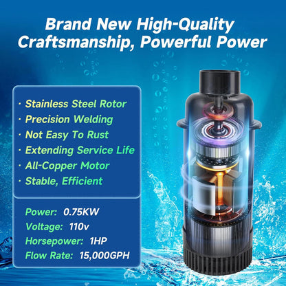RELIY Pond Fountain , 1HP 110V 15000 GPH Fountain Pump, Fully Automatic Powerful Lake Floating Fountain, 100 FT Power Cord, 2x100 FT Traction Rope, for Small & Large Ponds & Lakes