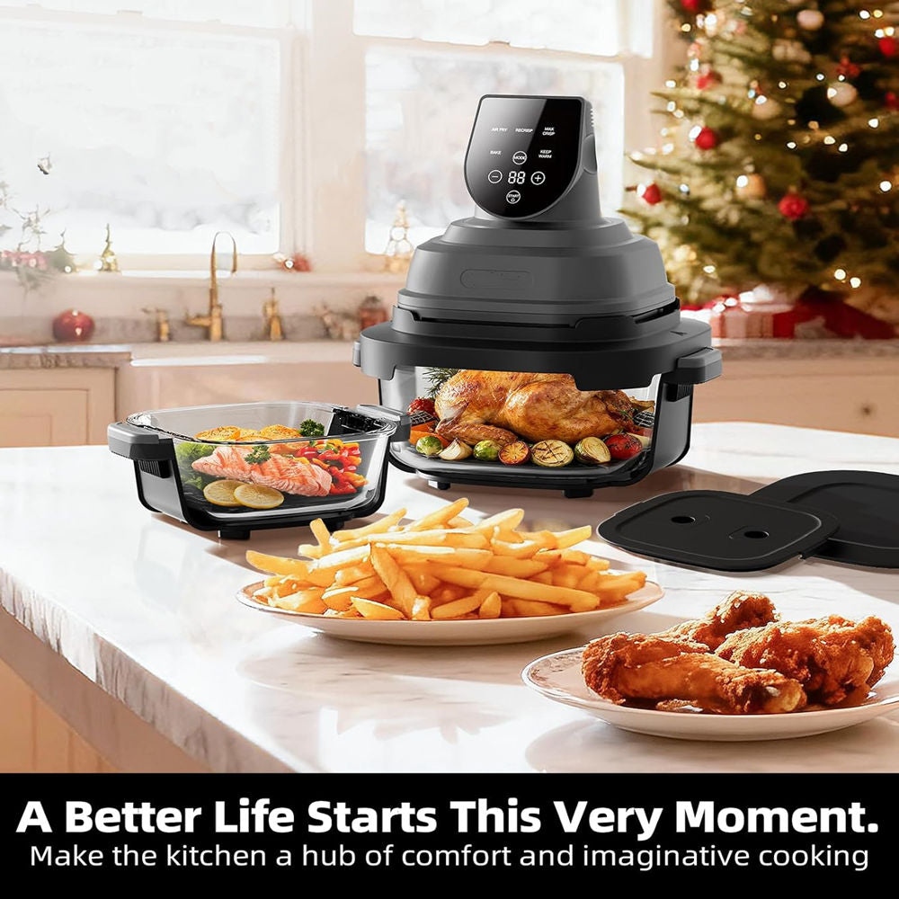5-in-1 Portable Glass Air Fryer,  1500W Power, 90% Oil Reduction, Includes 4QT & 6-Cup Glass Containers with Lids & Silicone Mat, Dishwasher/Freezer Safe for Single or Family Use