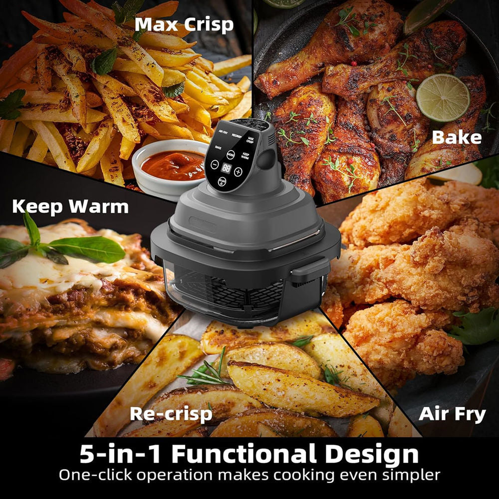 5-in-1 Portable Glass Air Fryer,  1500W Power, 90% Oil Reduction, Includes 4QT & 6-Cup Glass Containers with Lids & Silicone Mat, Dishwasher/Freezer Safe for Single or Family Use