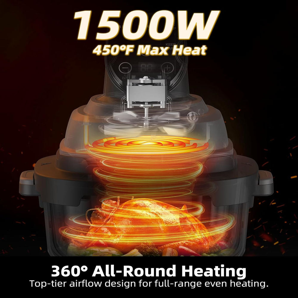 5-in-1 Portable Glass Air Fryer,  1500W Power, 90% Oil Reduction, Includes 4QT & 6-Cup Glass Containers with Lids & Silicone Mat, Dishwasher/Freezer Safe for Single or Family Use