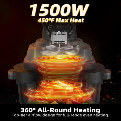 5-in-1 Portable Glass Air Fryer,  1500W Power, 90% Oil Reduction, Includes 4QT & 6-Cup Glass Containers with Lids & Silicone Mat, Dishwasher/Freezer Safe for Single or Family Use