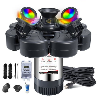 RELIY Pond Fountain, With 4 RGB Lights 1HP 110V 15000 GPH Stainless Steel Fountain Pump, Fully Automatic Powerful Lake Floating Fountain, 100 FT Power Cord, Programmable Timer Switch