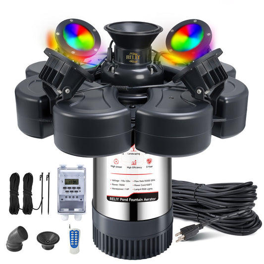 RELIY Pond Fountain, With 4 RGB Lights 1HP 110V 15000 GPH Stainless Steel Fountain Pump, Fully Automatic Powerful Lake Floating Fountain, 100 FT Power Cord, Programmable Timer Switch