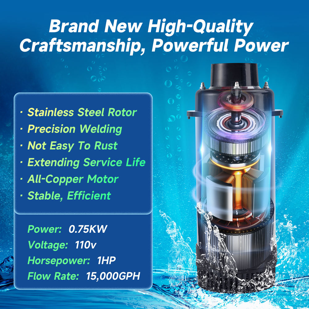 RELIY Pond Fountain, 1HP 110V 15000 GPH Fountain Pump, Fully Automatic Powerful Lake Floating Fountain, 100 FT Power Cord, 2x100 FT Traction Rope, (Stainless steel+Time switch)