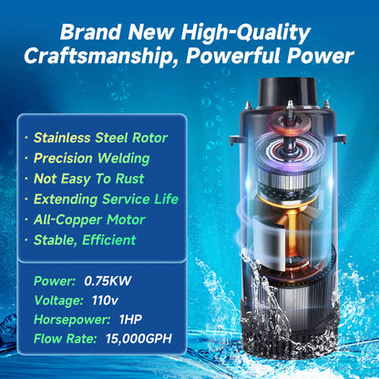RELIY Pond Fountain, 1HP 110V 15000 GPH Fountain Pump, Fully Automatic Powerful Lake Floating Fountain, 100 FT Power Cord, 2x100 FT Traction Rope, (Stainless steel+Time switch)