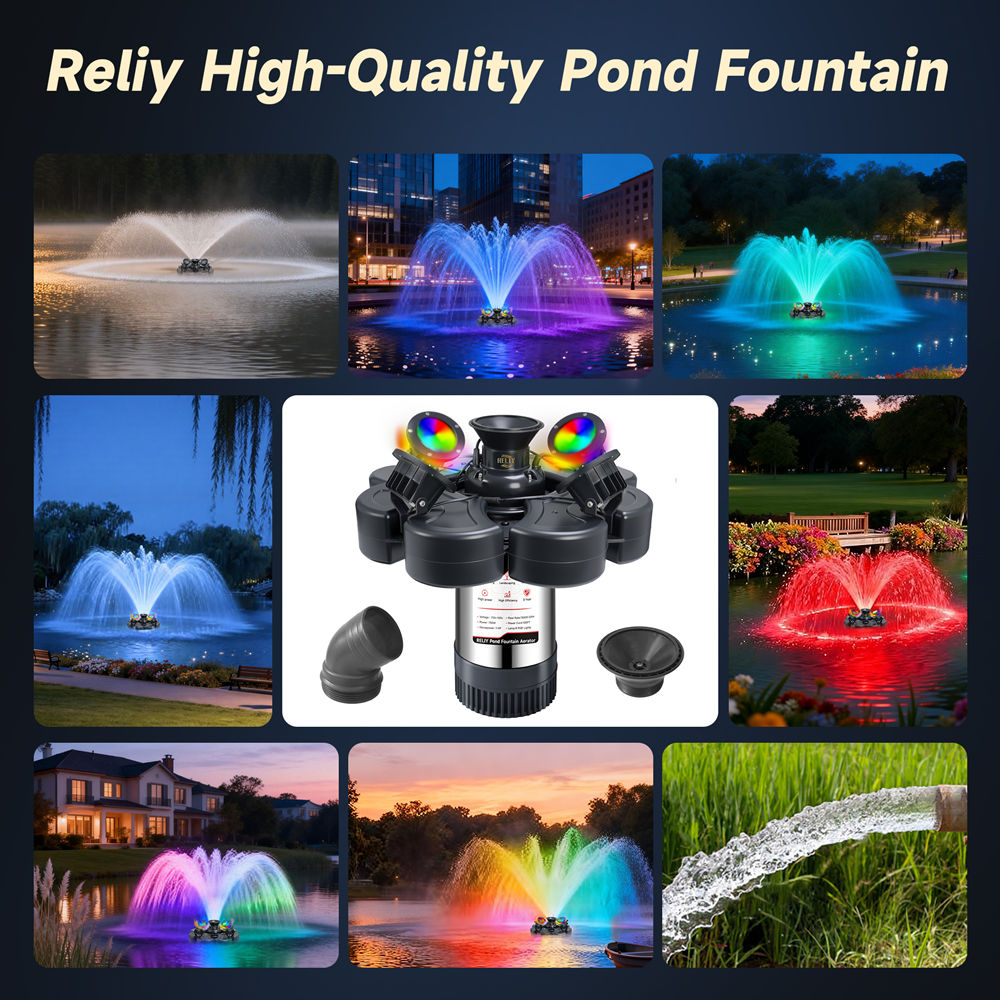 RELIY Pond Fountain, With 4 RGB Lights 1HP 110V 15000 GPH Stainless Steel Fountain Pump, Fully Automatic Powerful Lake Floating Fountain, 100 FT Power Cord, Programmable Timer Switch