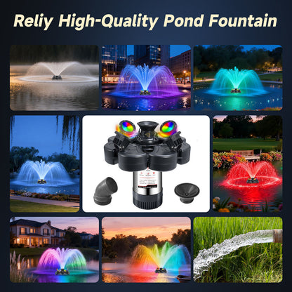 RELIY Pond Fountain, With 4 RGB Lights 1HP 110V 15000 GPH Stainless Steel Fountain Pump, Fully Automatic Powerful Lake Floating Fountain, 100 FT Power Cord, Programmable Timer Switch