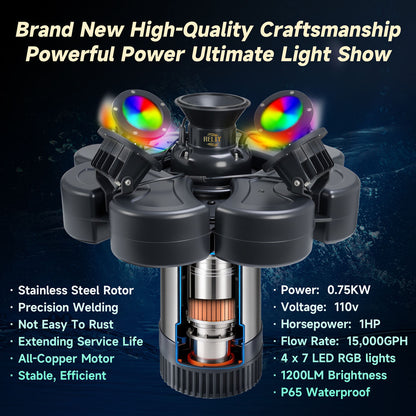 RELIY Pond Fountain, With 4 RGB Lights 1HP 110V 15000 GPH Stainless Steel Fountain Pump, Fully Automatic Powerful Lake Floating Fountain, 100 FT Power Cord, Programmable Timer Switch
