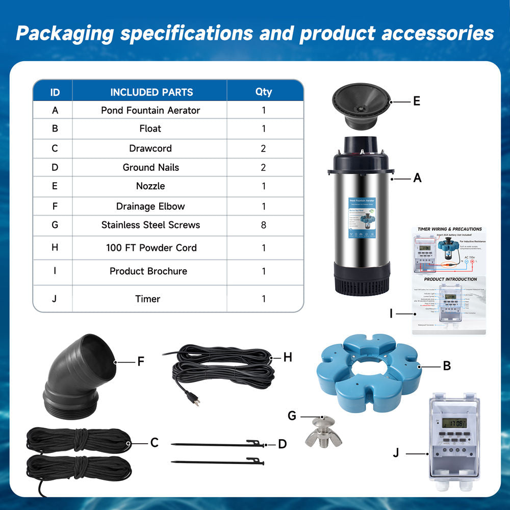 RELIY Pond Fountain, 1HP 110V 15000 GPH Fountain Pump, Fully Automatic Powerful Lake Floating Fountain, 100 FT Power Cord, 2x100 FT Traction Rope, (Stainless steel+Time switch)