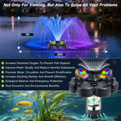 RELIY Pond Fountain, With 4 RGB Lights 1HP 110V 15000 GPH Stainless Steel Fountain Pump, Fully Automatic Powerful Lake Floating Fountain, 100 FT Power Cord, Programmable Timer Switch