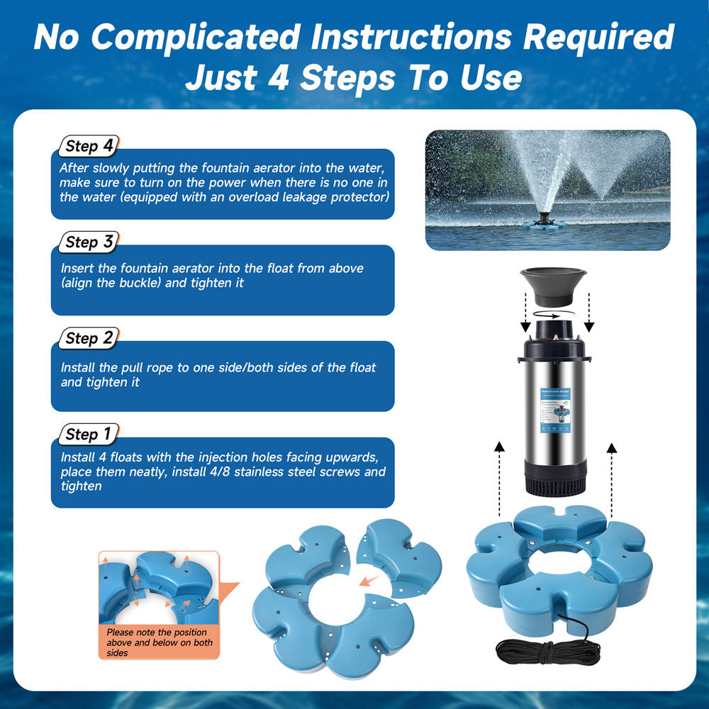 RELIY Pond Fountain, 1HP 110V 15000 GPH Fountain Pump, Fully Automatic Powerful Lake Floating Fountain, 100 FT Power Cord, 2x100 FT Traction Rope, (Stainless steel+Time switch)