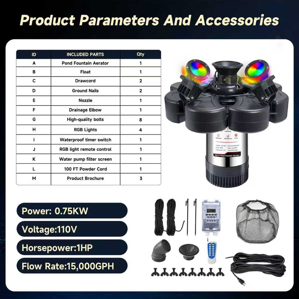 RELIY Pond Fountain, With 4 RGB Lights 1HP 110V 15000 GPH Stainless Steel Fountain Pump, Fully Automatic Powerful Lake Floating Fountain, 100 FT Power Cord, Programmable Timer Switch