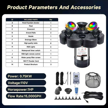 RELIY Pond Fountain, With 4 RGB Lights 1HP 110V 15000 GPH Stainless Steel Fountain Pump, Fully Automatic Powerful Lake Floating Fountain, 100 FT Power Cord, Programmable Timer Switch