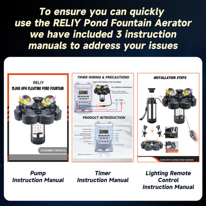 RELIY Pond Fountain, With 4 RGB Lights 1HP 110V 15000 GPH Stainless Steel Fountain Pump, Fully Automatic Powerful Lake Floating Fountain, 100 FT Power Cord, Programmable Timer Switch