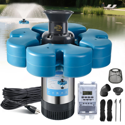 B-Type.RELIY Pond Fountain, 1HP 110V 15000 GPH Fountain Pump, Fully Automatic Powerful Lake Floating Fountain, 100 FT Power Cord, 2x100 FT Traction Rope, (Stainless steel+Time switch)