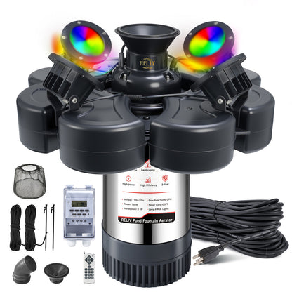 E-Type.RELIY Pond Fountain, With 4 RGB Lights 1HP 110V 15000 GPH Stainless Steel Fountain Pump, Fully Automatic Powerful Lake Floating Fountain, 100 FT Power Cord, Programmable Timer Switch