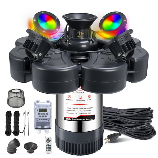 E-Type.RELIY Pond Fountain, With 4 RGB Lights 1HP 110V 15000 GPH Stainless Steel Fountain Pump, Fully Automatic Powerful Lake Floating Fountain, 100 FT Power Cord, Programmable Timer Switch